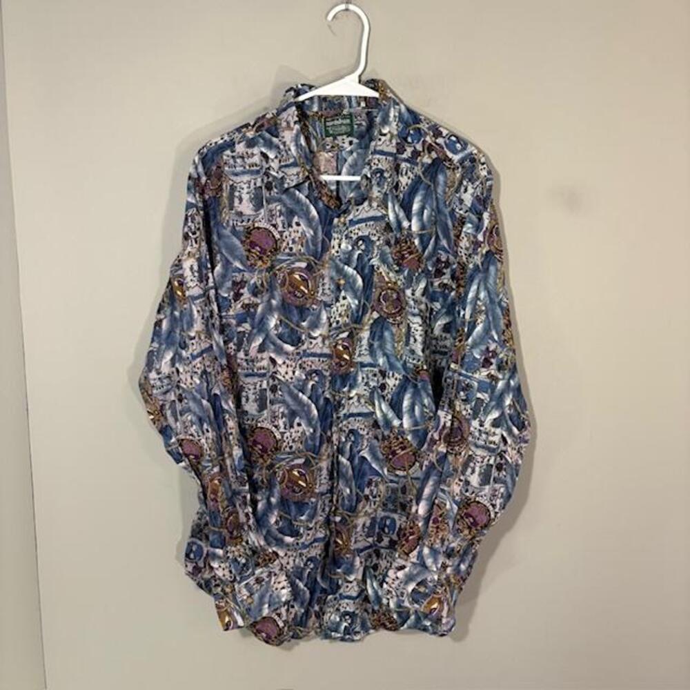Gitman Bros Shirt Mens Large Blue Graphic Print Long Sleeve Button Up Vintage